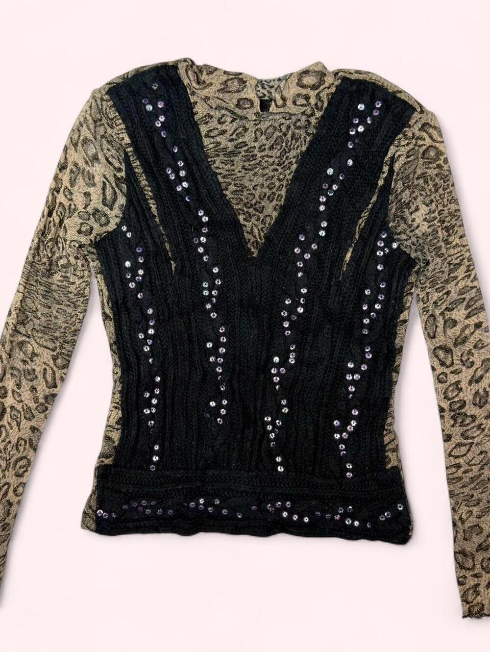 Black leopard print long sleeve top with purple sequin details